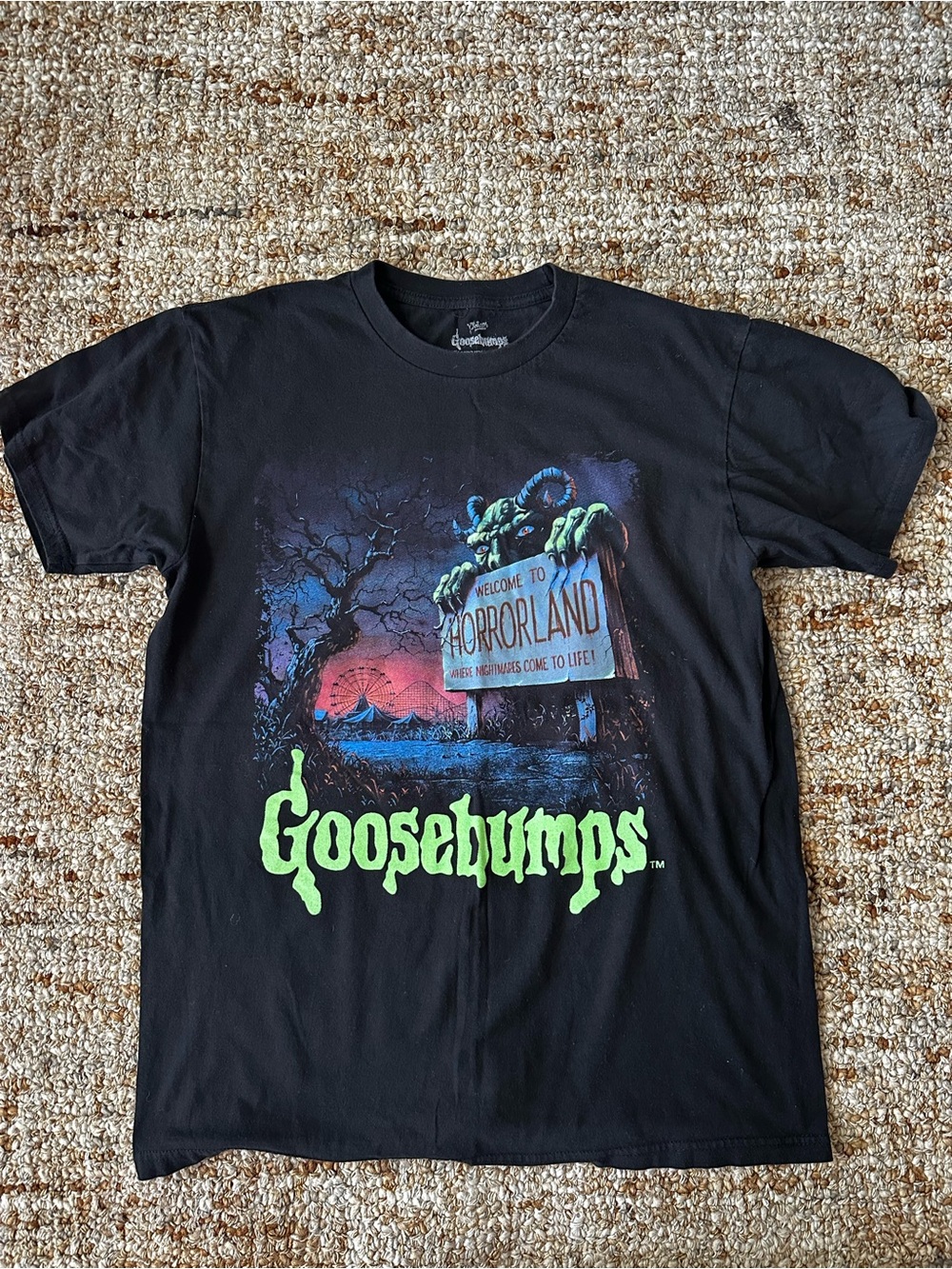 Goosebumps Graphic Black Tee with Neon Green & Blue Monster Art